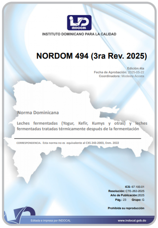 NORDOM 494 (3RA REV. 2025) - LECHES FERMENTADAS (YOGUR, KEFIR, KUMYS Y OTRAS) Y LECHES FERMENTADAS TRATADAS TÉRMICAMENTE DESPUÉS DE LA FERMENTACIÓN