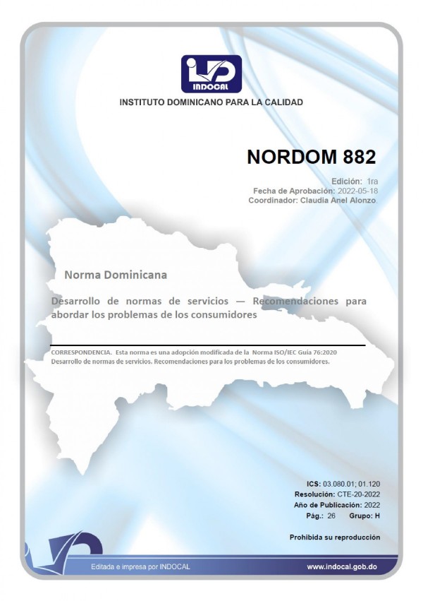 NORDOM 882 - DESARROLLO DE NORMAS DE SERVICIOS - RECOMENDACIONES PARA ABORDAR LOS PROBLEMAS DE LOS CONSUMIDORES.
