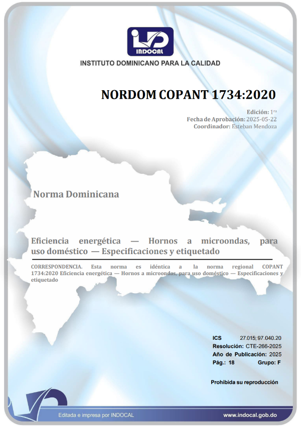 NORDOM COPANT 1734:2020 - EFICIENCIA ENERGÉTICA - HORNOS A MICROONDAS, PARA USO DOMÉSTICO - ESPECIFICACIONES Y ETIQUETADOEFICIENCIA ENERGÉTICA - HORNOS A MICROONDAS, PARA USO DOMÉSTICO - ESPECIFICACIONES Y ETIQUETADO