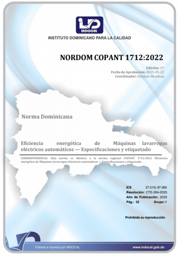 NORDOM COPANT 1712:2022 - EFICIENCIA ENERGÉTICA DE MÁQUINAS LAVARROPAS ELÉCTRICOS AUTOMÁTICOS - ESPECIFICACIONES Y ETIQUETADO