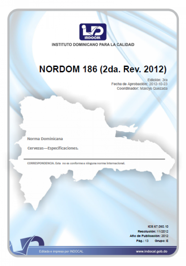 NORDOM 186 - CERVEZAS-ESPECIFICACIONES. (2DA. REV. 2012).